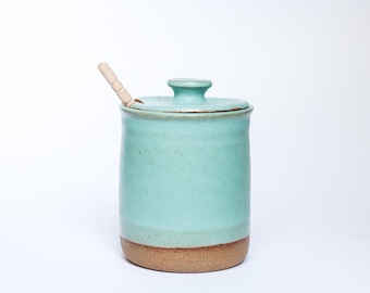 Hand-Thrown Ceramic Honey Jar: Matte Turquoise  Stoneware Pottery, 14 oz