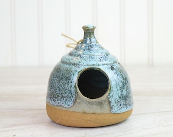 Handmade Stoneware Bird House: Cobblestone Blue Glaze, Decorative