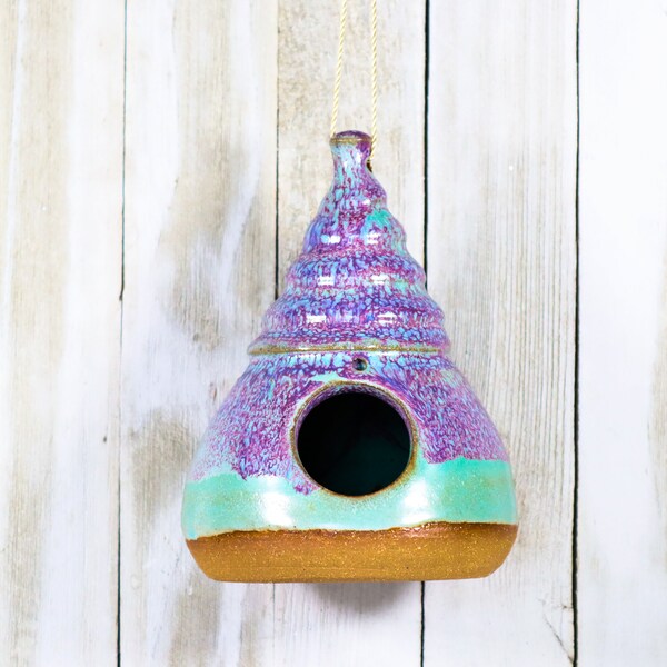 Ceramic Song Bird House, Purple and Turquoise Glazes, Stoneware, Outdoor Garden Art, Hanging, Yard Décor, Handmade Gift