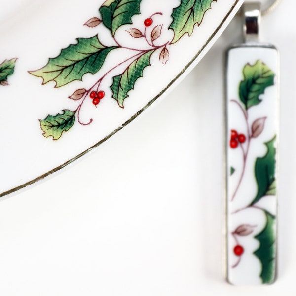 Christmas Broken China Jewelry Pendant Necklace Made from a Rare Vintage Dinner Plate Red Holly Berries and Green Leaves Perfect Gift