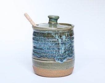 Handmade Honey Jar, 14 Fl. oz, Cobblestone and Blue Glaze Pottery
