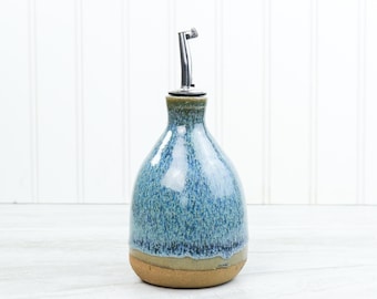 Hand-Thrown Stoneware Olive Oil Dispenser: Cobblestone and Blue Glaze, Rustic Cruet