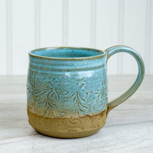 Ceramic Coffee/Tea Mug, Large 16 Fl oz, Turquoise Glaze, Leaf Scroll Texture, Stoneware Pottery, Wheel Thrown, Soup Mug, Gift