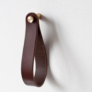 leather strap hanger, leather wall hook, leather loop, leather hanger, hanging strap wall hanging strap leather organizer brass hook leather image 2