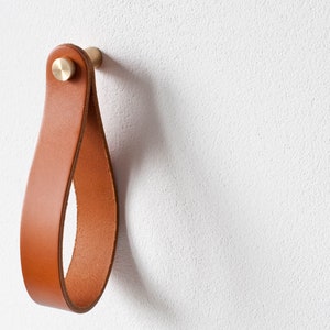leather strap hanger, leather wall hook, leather loop, leather hanger, hanging strap wall hanging strap leather organizer brass hook leather image 2