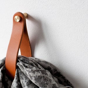 leather strap hanger, leather wall hook, leather loop, leather hanger, hanging strap wall hanging strap leather organizer brass hook leather image 1