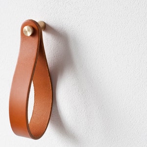 leather strap hanger, leather wall hook, leather loop, leather hanger, hanging strap, wall hanging strap, leather organizer, brass hook image 7