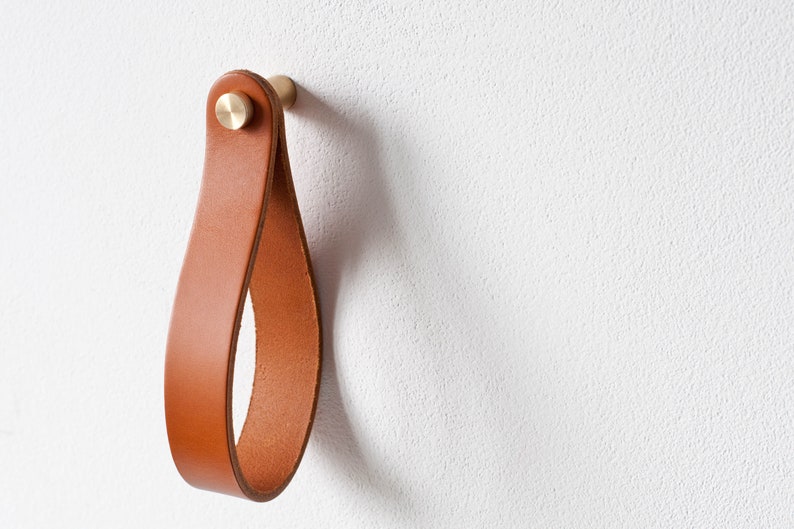 leather strap hanger, leather wall hook, leather loop, leather hanger, hanging strap, wall hanging strap, leather organizer, brass hook image 7