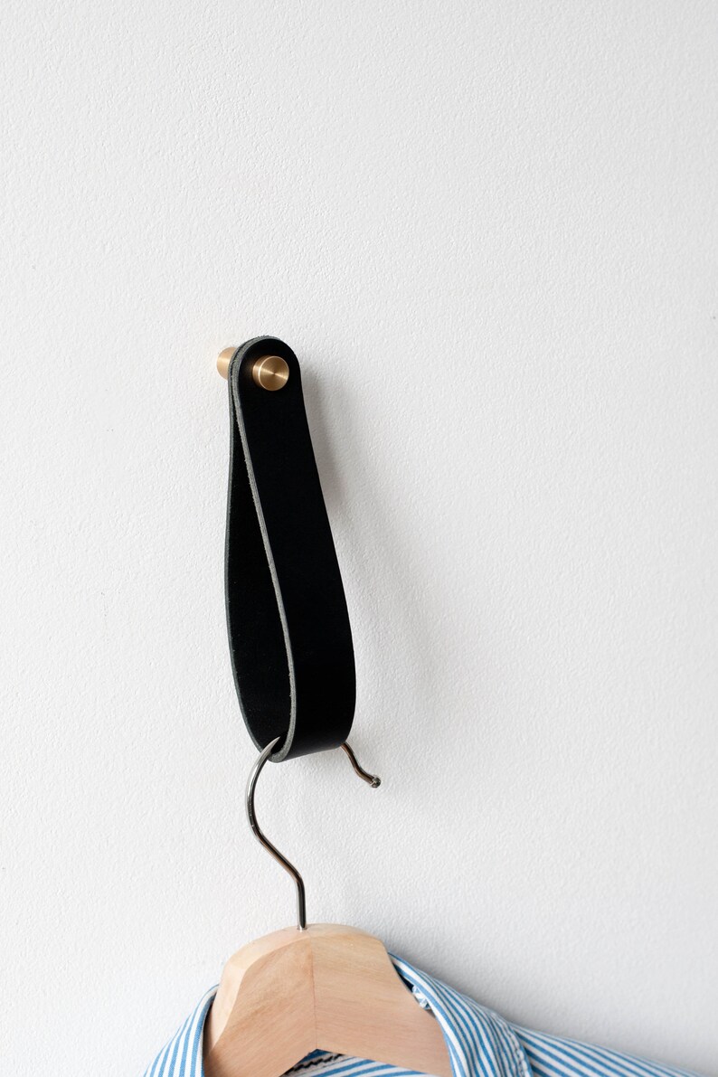 leather strap hanger, leather wall hook, leather loop, leather hanger, hanging strap, wall hanging strap, leather organizer, brass hook image 5