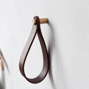 leather strap hanger, leather wall hook, leather loop, leather hanger, hanging strap wall hanging strap leather organizer brass hook leather image 3