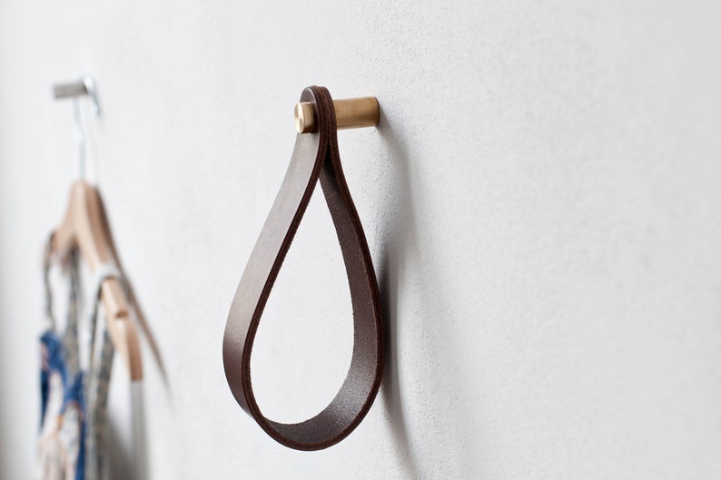 leather strap hanger, leather wall hook, leather loop, leather hanger, hanging strap wall hanging strap leather organizer brass hook leather image 3