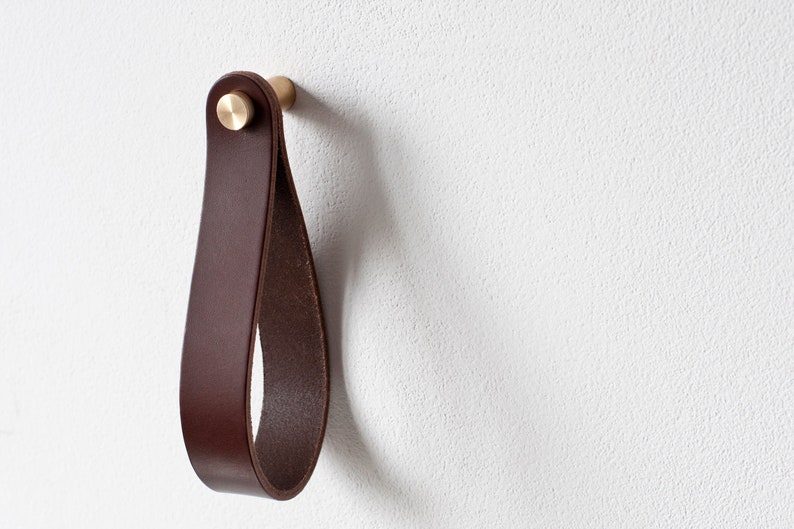 leather strap hanger, leather wall hook, leather loop, leather hanger, hanging strap wall hanging strap leather organizer brass hook leather image 5