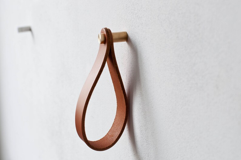 leather strap hanger, leather wall hook, leather loop, leather hanger, hanging strap wall hanging strap leather organizer brass hook leather image 6