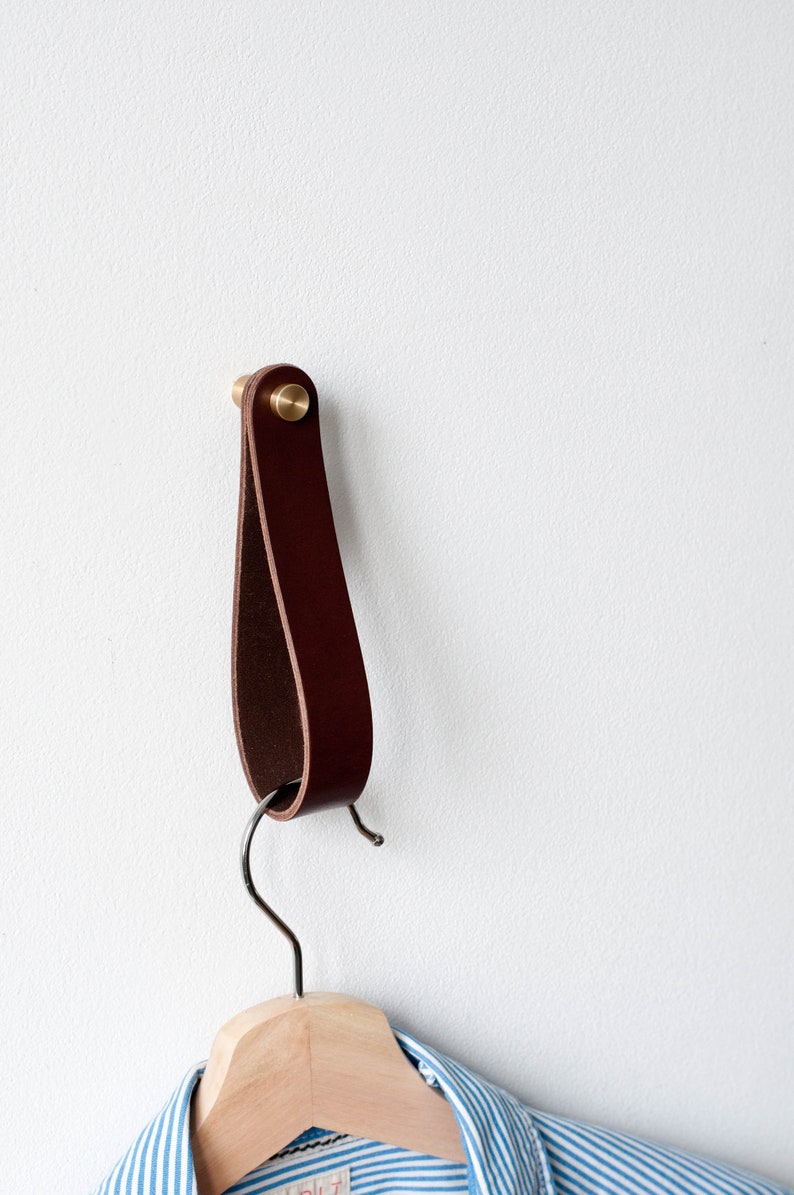 leather strap hanger, leather wall hook, leather loop, leather hanger, hanging strap wall hanging strap leather organizer brass hook leather image 5