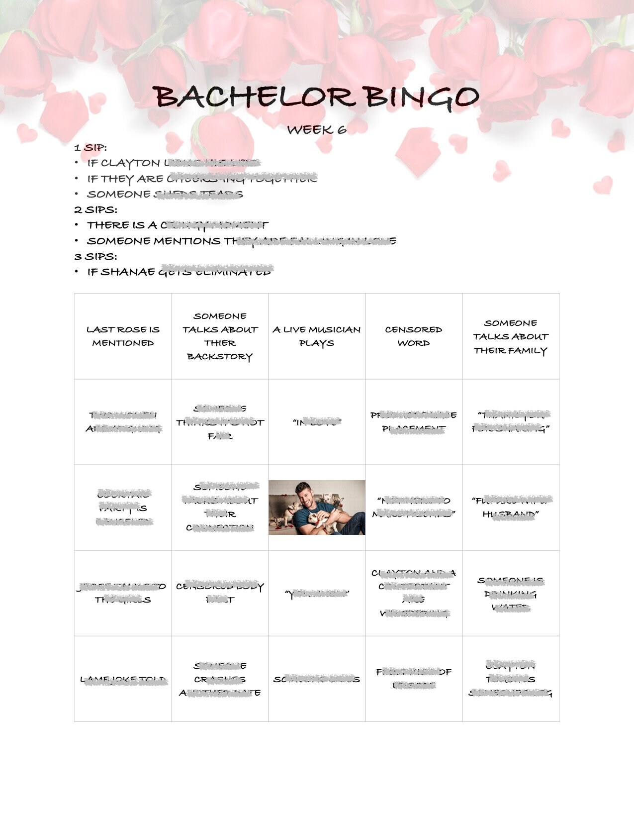 The Bachelor Clayton Week 6 Bingo and Drinking Game - Etsy Israel