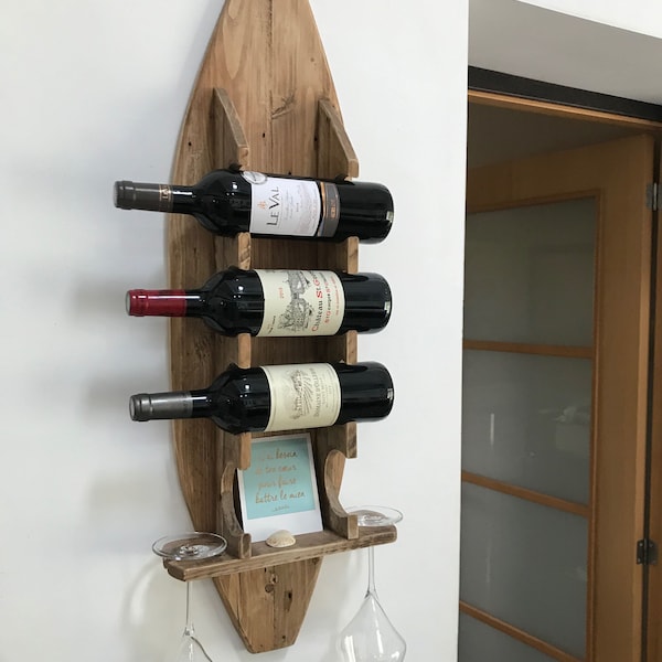 Etagère porte bouteilles bois de palette recyclé WAVE - Bar à vin planche de surf