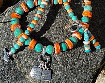 Sonoran Green Turquoise, Orange Spiny Oyster and Petroglyph Charms Necklace