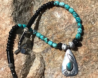 Vintage Signed Navajo Sterling and Turquoise Pendant Hung on Pale Blue Hubei Turquoise, White Buffalo and Black Onyx Necklace