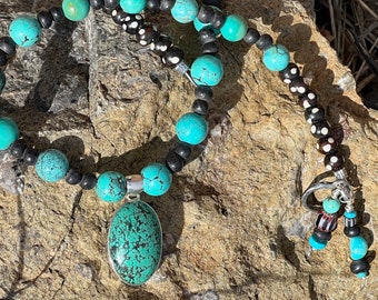 Turquoise Pendant, Vintage Hubei Spiderweb Turquoise Rounds, Nevada Turquoise and Vintage Oaxaca Barro Negro Clay Beads Necklace