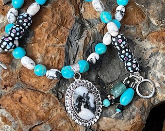 White Buffalo Pendant Hung with Blue Kingman Turquoise and White Buffalo Beads Necklace