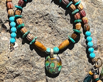 Green Tibetan Turquoise Pendant, Red Creek Jasper, Narcosi and Kingman Turquoise Necklace
