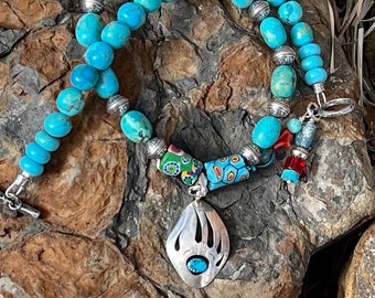 Vintage Sterling and Turquoise Bear Claw Pendant Hung on Blue Kingman, Stamped Aztec Sterling Beads and Italian Millefiori Necklace