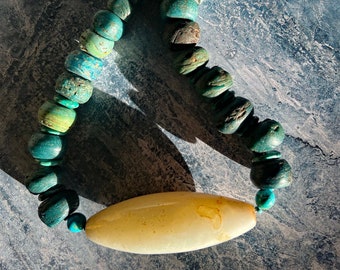 Huge Ancient Fulani Agate Trade Bead Hung with Old Blue Hebron Beads and Turquoise Disks Necklace