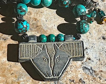 Old Carved Stone Pendant Hung on Large Vintage Cloud Mountain Hubei Spiderweb Turquoise Rounds with Carved Bone and Clay Beads Necklace