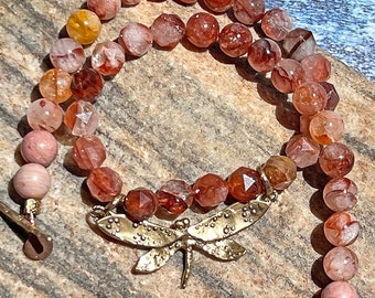 Natural Red Hematoid Quartz and Gold Bronze Dragonfly Necklace