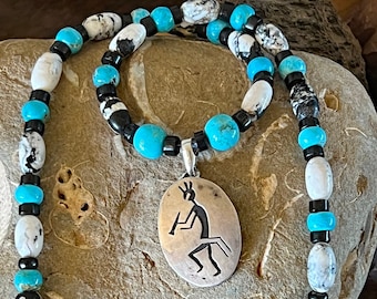 Vintage Signed Willie Yazzie Kokopelli Navajo Pendant Hung with Blue Kingman Turquoise and Shungite Heishi