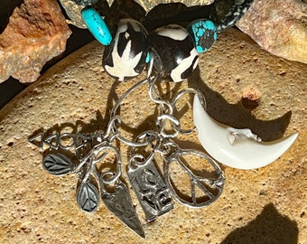 Artisan Cathy Dailey Charms Hung with Blue Kingman Turquoise, Snowflake Obsidian Ovals and African Batik and Carved Bone Necklace