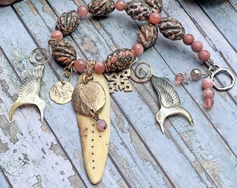Vintage Carved Poppy Jasper and Peach Moonstone Necklace with Old Bone Shaman Evil Eye Medicine Stick and Mother of Pearl Hummingbirds