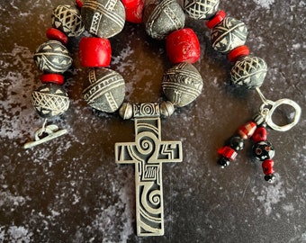 Vintage Alice Seely Pewter Cross Hung with African Terracotta Beads and Red Coral Necklace