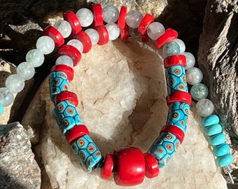 Rare, Vintage, Teal Colored Italian Millefiori Trade Beads, Red Coral and Light Blue Jade Necklace