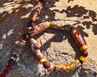 Old Italian Brick and Yellow Millefiori Trade Beads, Natural Tibetan Agate and Mookaite Necklace