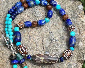 Mushroom Jasper Focal Bead with Deep Blue Lapis, Etched Tibetan Agate and Kingman Turquoise Necklace
