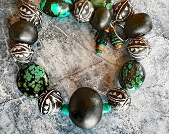 Vintage Cloud Mountain Spiderweb Hubei Turquoise Ovals with Handmade Contemporary Artisan Clay Beads