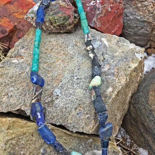 Ancient, Royal Blue, Hand Cut Roman Glass, Old Lapis Lazuli and Old Amazonite with Modern Russian Amazonite shops Necklace