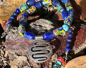 Rare, Vintage, Brightly Colored Italian Millefiori Trade Beads and Deep Blue Lapis Hung with Modernist Mexican Silver Pendant Necklace