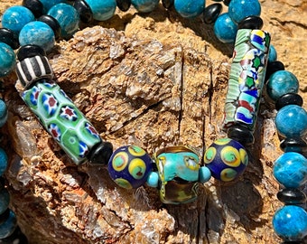 Unusual Italian Millefiori Beads, Blue Apatite and Jet Necklace