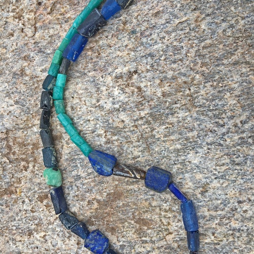 Ancient, Royal Blue, Hand Cut Roman Glass, Old Lapis Lazuli and Old Amazonite with Modern Russian Amazonite shops Necklace
