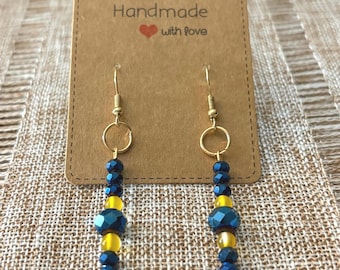 Handmade earrings, Michigan Wolverines, maize and blue, yellow agate gemstones and blue glass heads