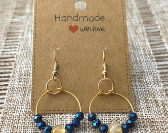 Handmade Michigan Wolverine Hoop Earrings, Citrine & Blue Glass Beads (.75 inch)