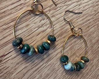 Handmade beaded hoop earrings with natural gemstones, approx. 1 inch hoops