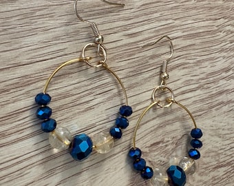 Handmade Michigan Wolverines hoop earrings with citrine gemstones and glass beads, approx. 1 inch hoops
