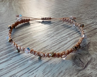 Handmade beaded macrame adjustable bracelet with gold tone and glass beads and light tan Brazilian cord, fit 6-7 inch wrist