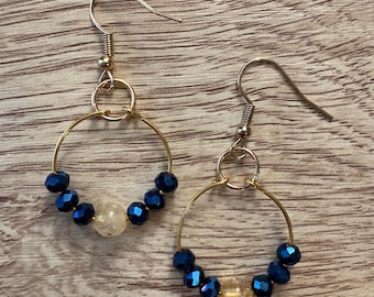 Handmade Michigan Wolverine Hoop Earrings, Citrine & Blue Glass Beads (.75 inch)