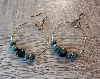 Handmade beaded hoop earrings with natural green gemstones and gold beads, approx. 1.75 inch hoops