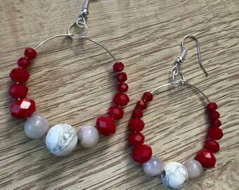 Handmade Ohio State hoop earrings with howlite, gray mother of pearl, and glass beads, approx 1.75 inch hoops
