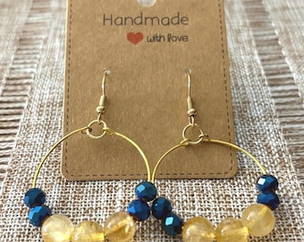 Handmade Michigan Wolverines Hoop Earrings, Citrine & Blue Glass Beads (1.25 inch)